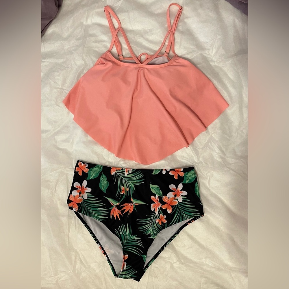 Tropical Floral Bikini Set - Coral and Black